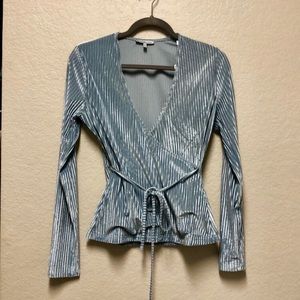 Ribbed velvet wrap v neck blue blouse with tie belt
